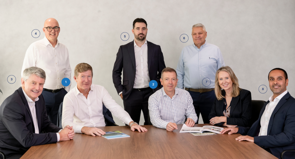 Group photo of executives gathered around boardroom table